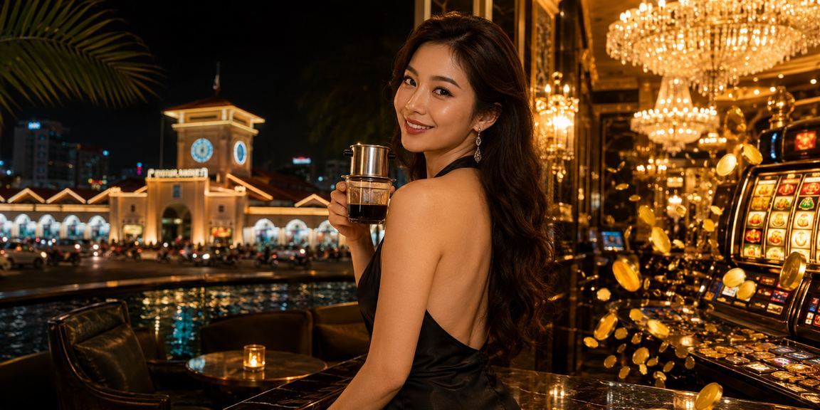 Người chơi slot game trên điện thoại tại một quán cà phê ở Hồ Chí Minh với không khí thư giãn